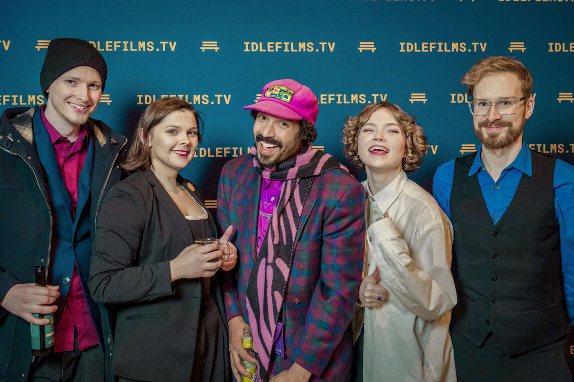 Chris Hellmich (sound engineer), Charlie (production assistant), Timmi Davis (DoP/actor), and Christoph Klinger (composer) posing at the Hamburg premiere.